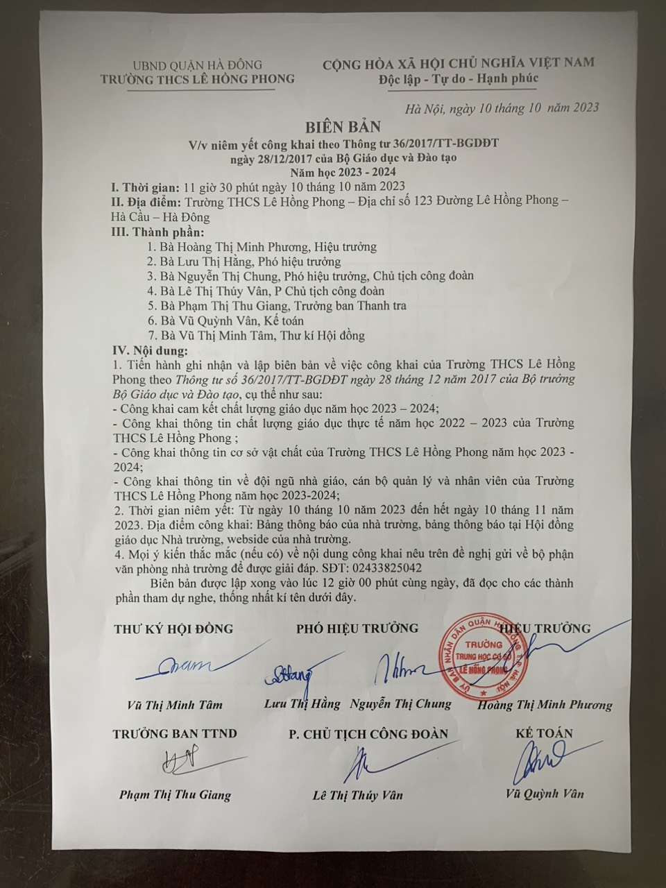 BIÊN BẢN NIÊM YẾT CÔNG KHAI NĂM HỌC 2023 - 2024